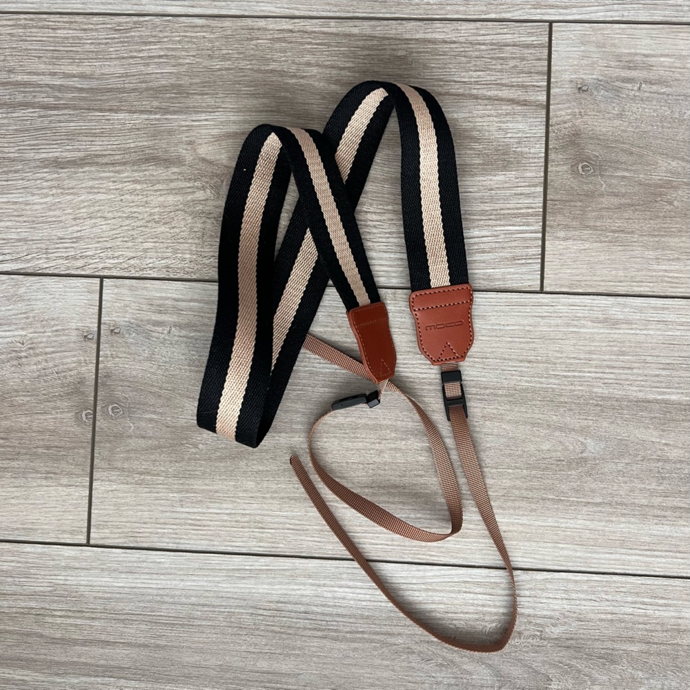 Black and Tan Striped Camera Strap